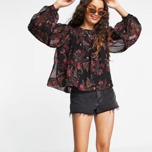 Topshop Paisley Pintuck Blouse Black Petite 6 Lined Beach Pool Party Romantic